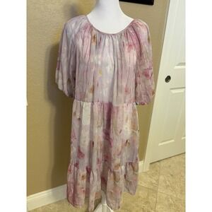 Melloday, Anthropologie Chiffon Watercolor Dress, Boho, Pink, White, Purple, S